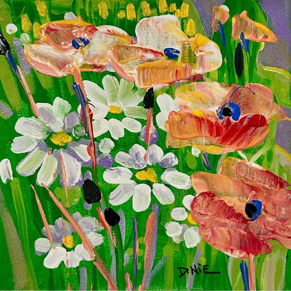 Floral Canvas Art 8x8 inches with Red and White Flowers